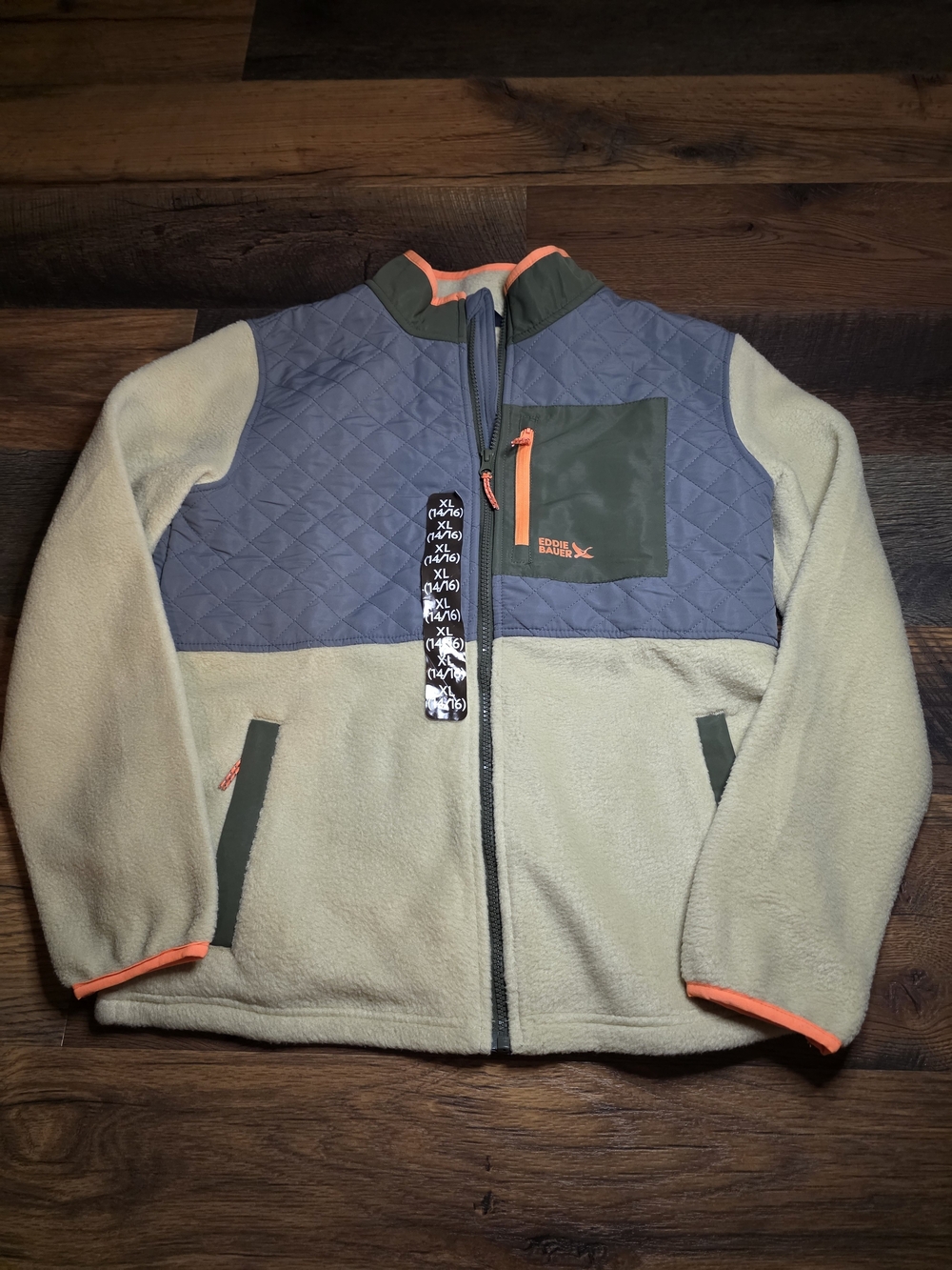 Eddie Bauer Boys XL Quilted Polar Fleece Jacket Tan/grey/green